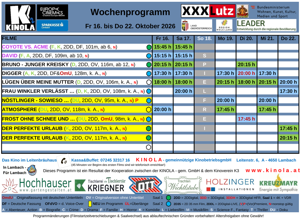 KINOLA Wochenprogramm Fr 16. bis Do 22. Oktober 2026
