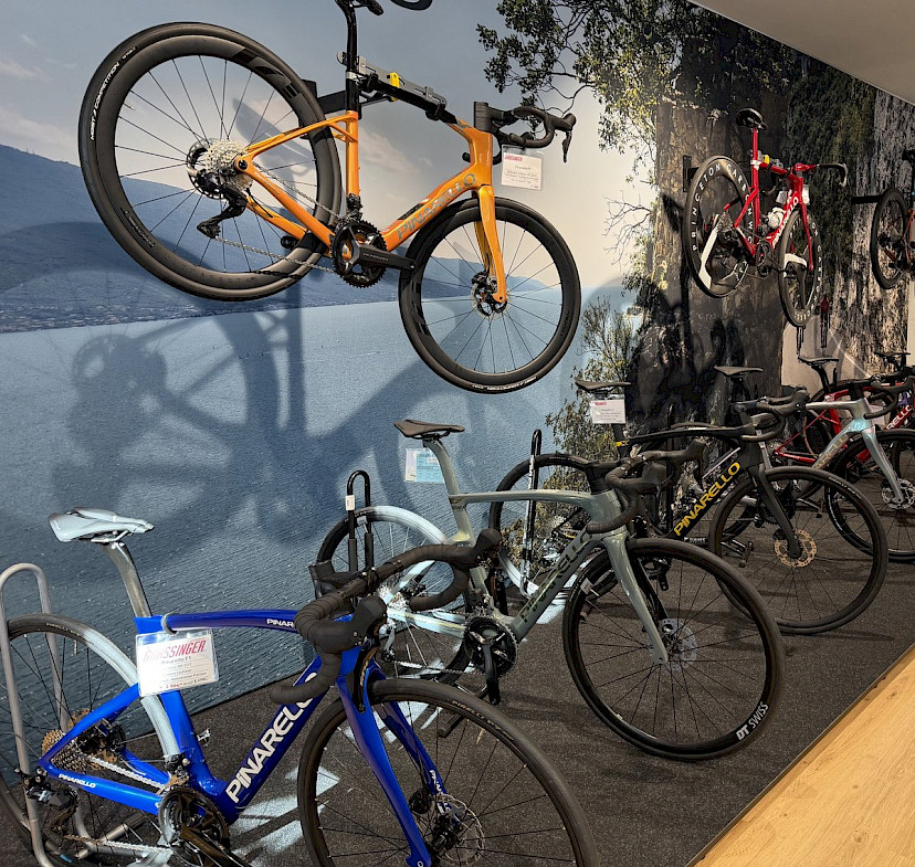 Pinarello-Rennräder vor der Fotowand im Schauraum von SPECIALISTA